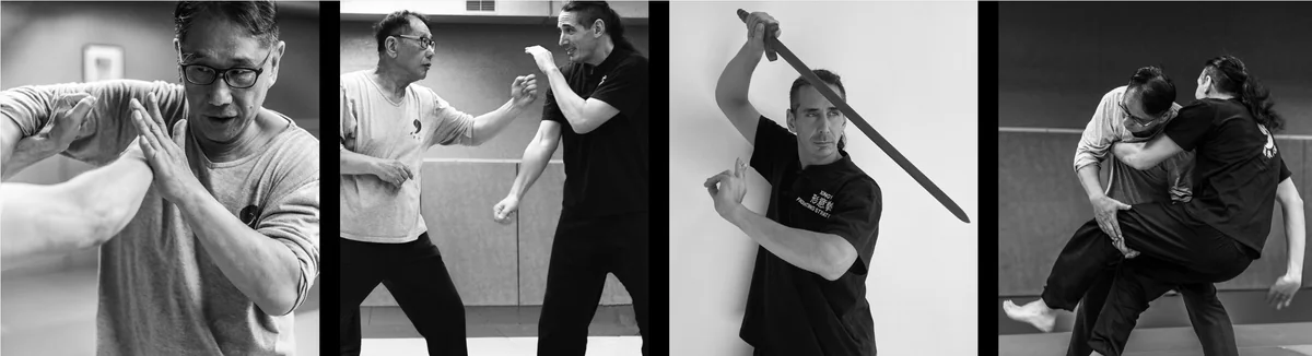 Quatre scènes du stage : Maître Luo Dexiu guide une application martiale, Julien Zeitoun travaille l'épée du Xingyi Quan, deux pratiquants exécutent une projection.